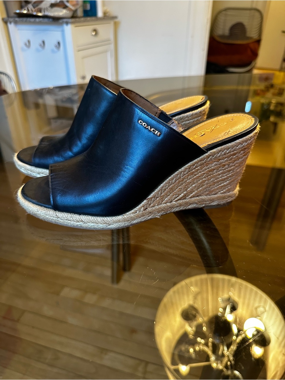 COACH Black Leather Open-Toe Espadrille Wedge Mules